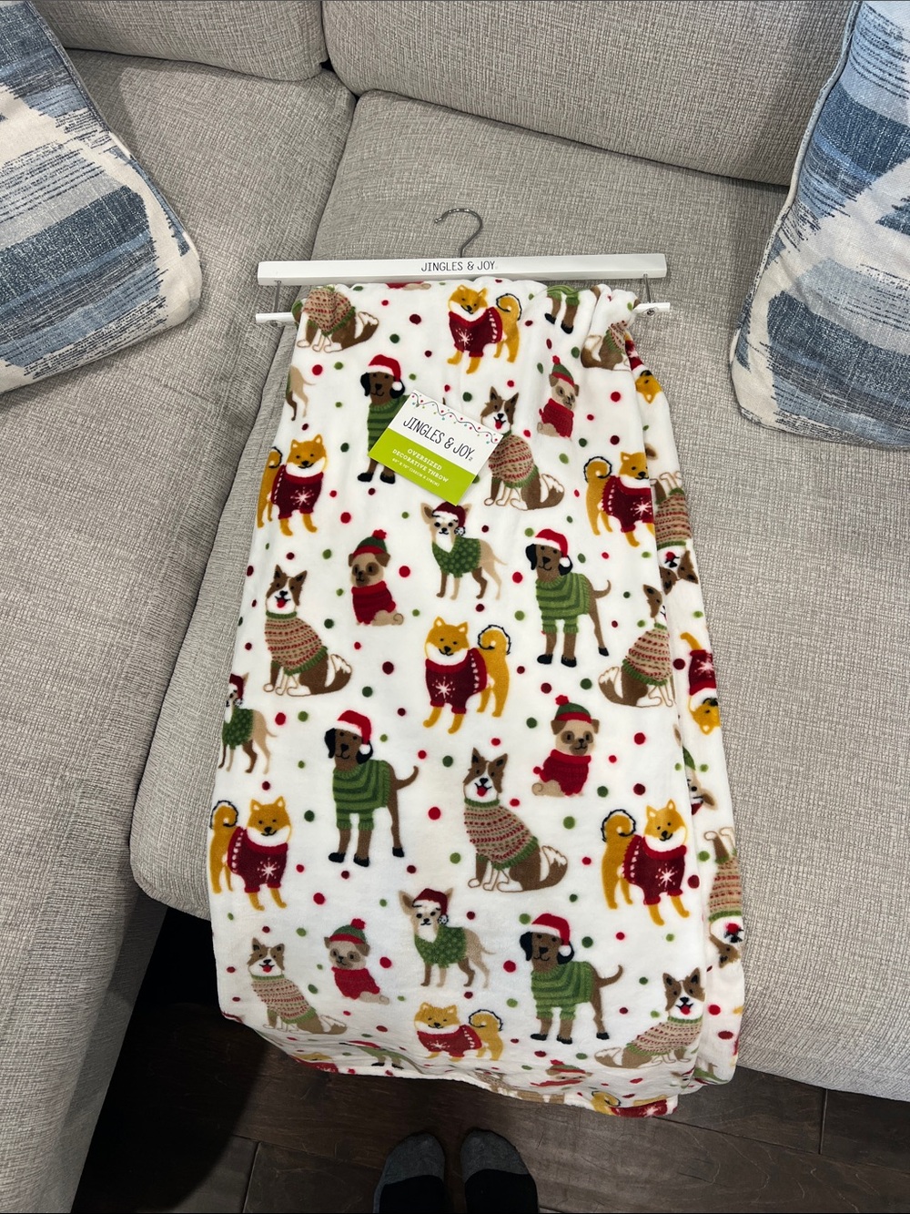 60” x 70” Holiday Dog Print Fleece Pajama Set - White with Red & Green Accents